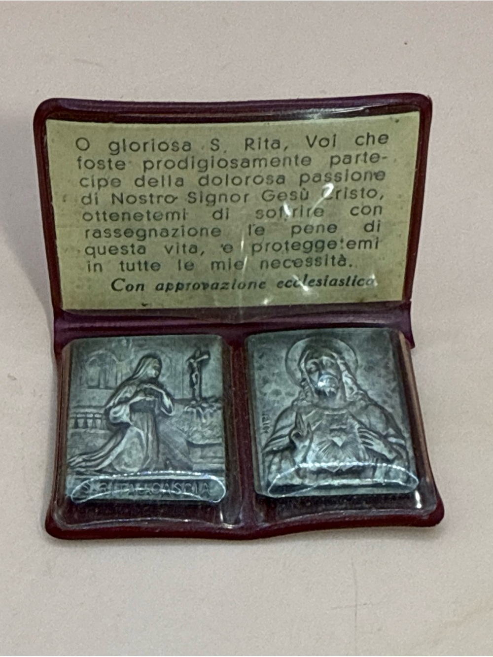 Vintage Italian Catholic Mini Pocket Shrine Saint Rita & Sacred Heart of Jesus